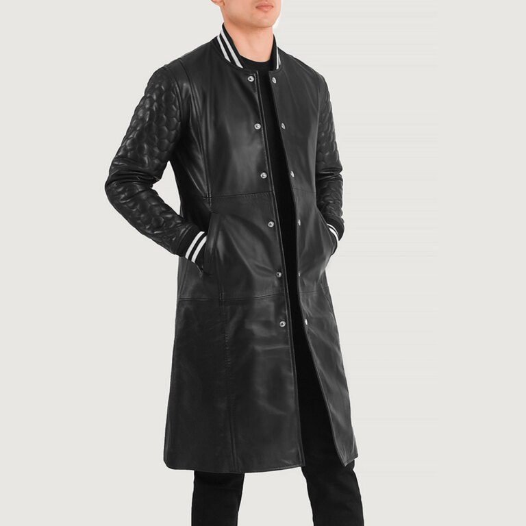 Mens Wilde Black Leather Varsity Coat Open Front-4-1704119094153